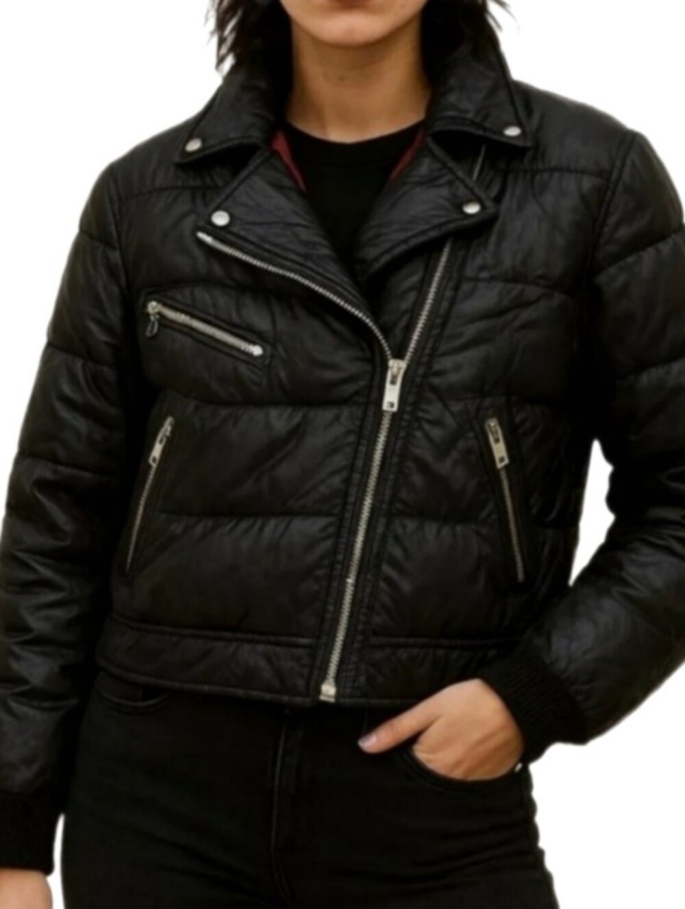 Coffeeshop Black Moto-Style Puffer Jacket